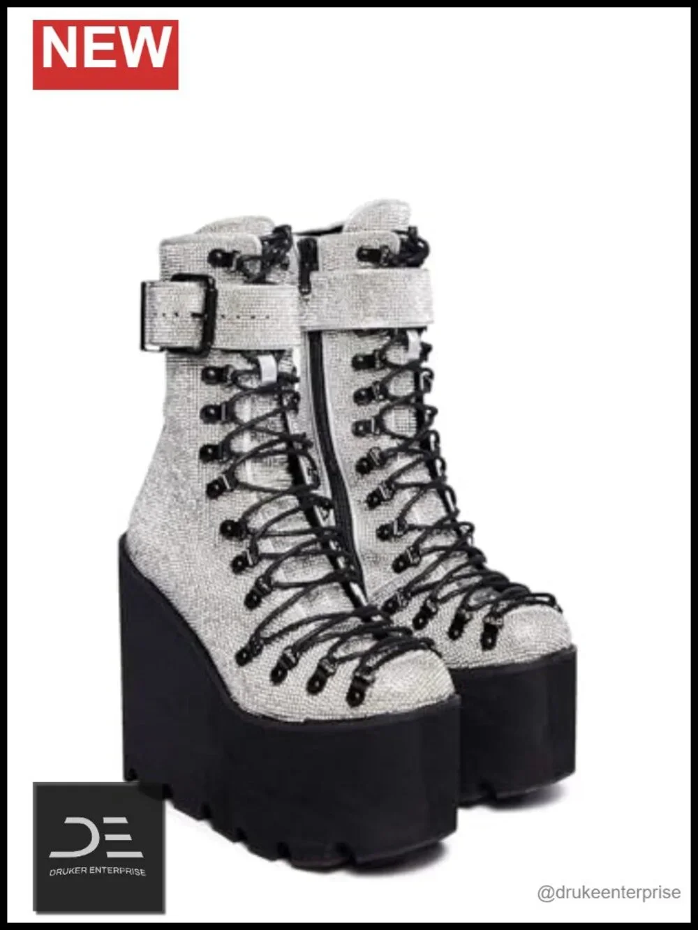 Silver Rhinestone Studded Wedge Platform Boots with Lace-Up & Buckle Straps